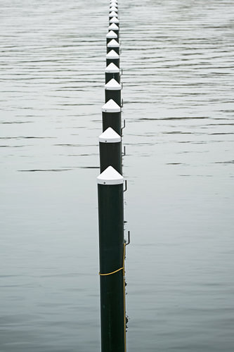 Reihe schwarzer Festmacherpfähle oder Delphine im Wasser, leere Jacht