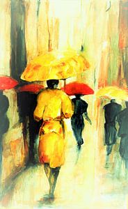 Frau mit gelbem Regenschirm. Aquarell handgemalt.