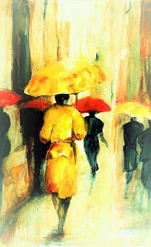Frau mit gelbem Regenschirm. Aquarell handgemalt.