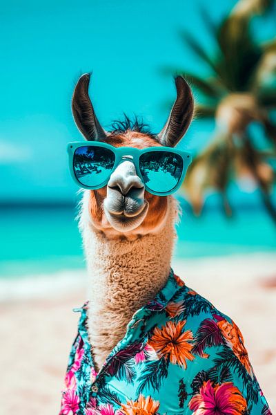 Llama in a Hawaiian shirt on the beach by Poster Art Shop