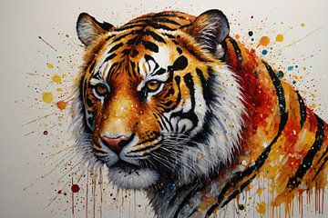 Tigre avec rouge et orange sur De Muurdecoratie