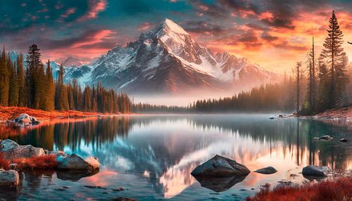 Landschap met meer en bergen