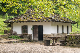 Altes, rustikales Steinhaus mit grünen Baumzweigen von Milcho Milev