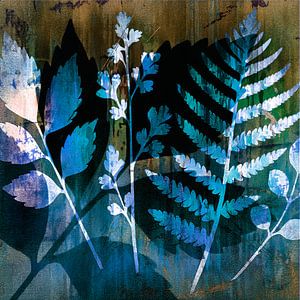 Modernes botanisches Mischtechnik-Kunstwerk (blau)