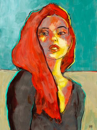 Modernes Porträt einer Frau, Malerei mit Rot und Blau