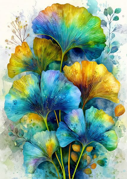Painterly florals Evergreen Ginkgo Biloba 10 by JBJart Justyna Jaszke
