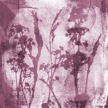 Abstract Retro Botanisch. Bloemen, planten en bladeren in paars en wit van Dina Dankers