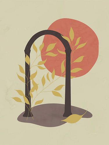 Minimalistisch landschap met een poortboog en groene bladeren