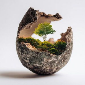 Mini-Baum und Natur in einer zerbrochenen Vase