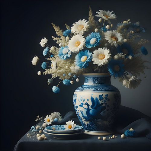 Still life; Delft blue vase with white and blue flowers