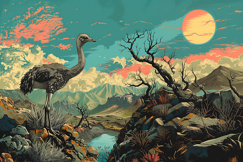 Indie prog rock style, ostrich in a mountainous landscape, retro colours