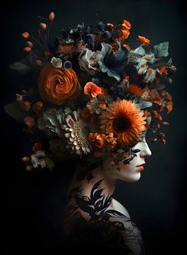 Vrouw met gekleurde bloemen van Artsy