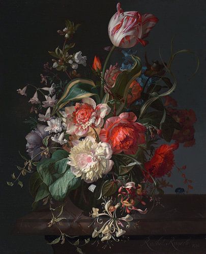 Bloemen in een glazen vaas met een tulp, Rachel Ruysch