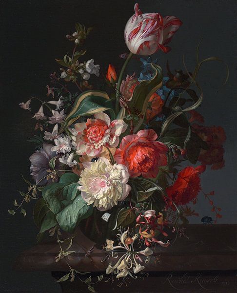Bloemen in een glazen vaas met een tulp, Rachel Ruysch van Meesterlijcke Meesters