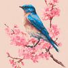 Oiseau bleu sur une branche fleurie rose sur But First Framing