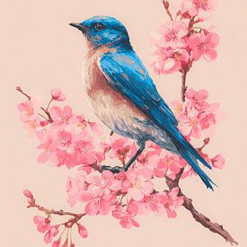 Blauer Vogel auf rosa Blütenzweig von But First Framing