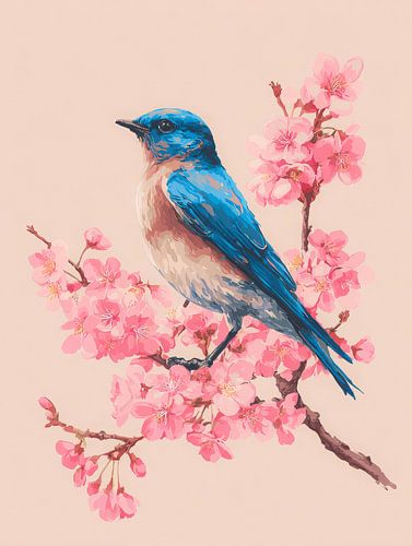 Blauer Vogel auf rosa Blütenzweig von But First Framing