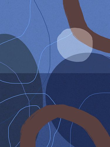 Abstracte Geometrische Organische Vormen en Lijnen in blauw en bruin.