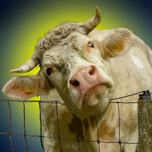 Popart koe in blauw en groen.