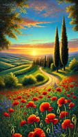 Toscane landschap klaprozen cipressen zonsondergang staand formaat