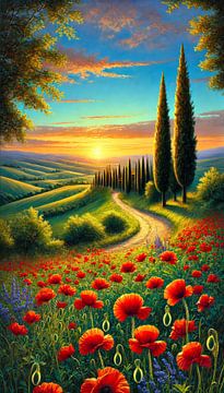Toscane landschap klaprozen cipressen zonsondergang staand formaat van Creavasis