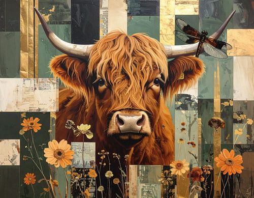 Collage kunstwerk schotse hooglander met bloemen en libelle tegen groen met goud achtergrond
