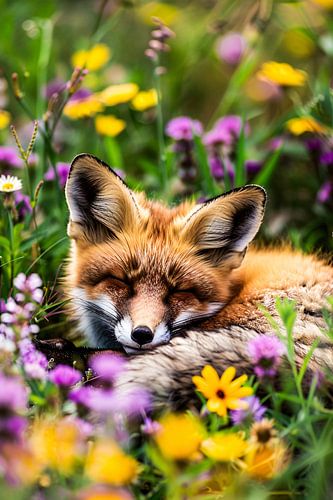 Renard endormi dans un champ de fleurs