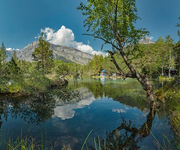 Een chalet spiegelt in de Petit Lac Bleu, Derborance, Conthey, Wallis - Valais, Zwitserland