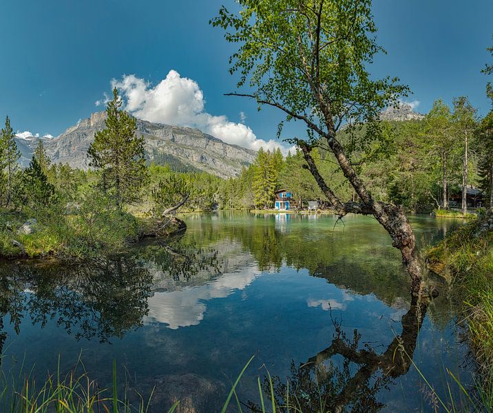 Ein Chalet gespiegelt im Petit Lac Bleu, Derborance, Conthey, Wallis, Schweiz von Rene van der Meer