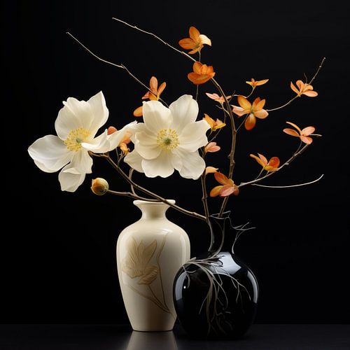 Vase avec fleurs noir et blanc