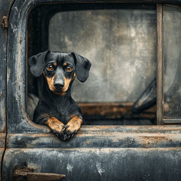 De Teckel die de Wereld Verovert |  Avonturier in een Roestige Pick-up van Karina Brouwer