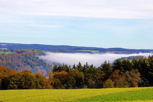 Vallei met velden, bossen in herfst met mist en wolken