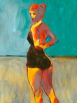 Modern schilderij van een vrouw in badpak. van Hella Maas