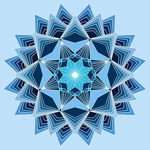 Blue mandala with eight points and three layers in different shades of blue