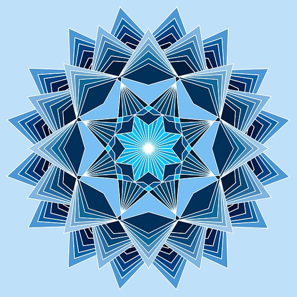 Blauwe mandala met acht punten en drie lagen in verschillende blauwe tinten van Andie Daleboudt