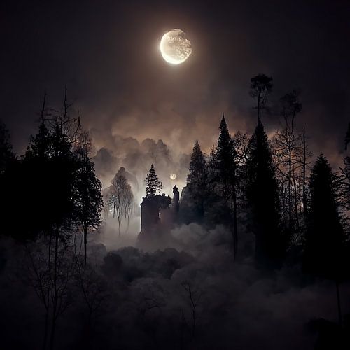 forêt de nuit sombre avec grande lune