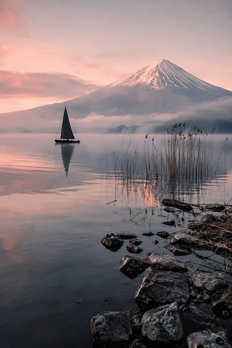 Sailing Beneath Fuji – Mount Fuji by Sailboat at Sunrise