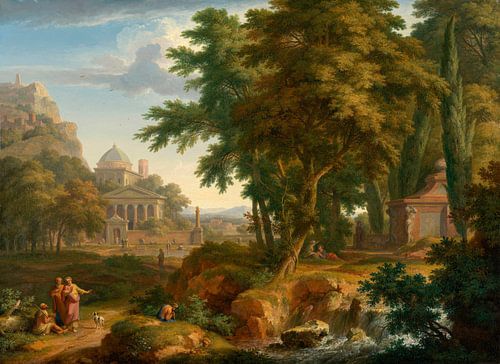 Arcadisch landschap met de genezing van een verlamde door Petrus en Johannes, Jan van Huysum