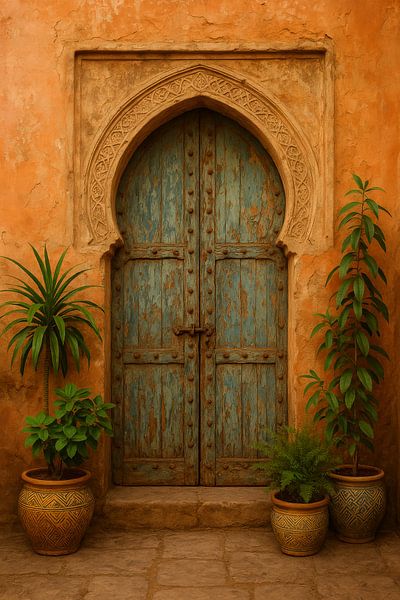 Verwitterte blaue Tür in irdischer Stille - Orientalisches Ambiente von But First Framing