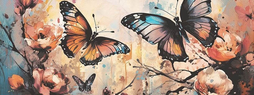 Panoramic painting with colourful butterflies by Emiel de Lange