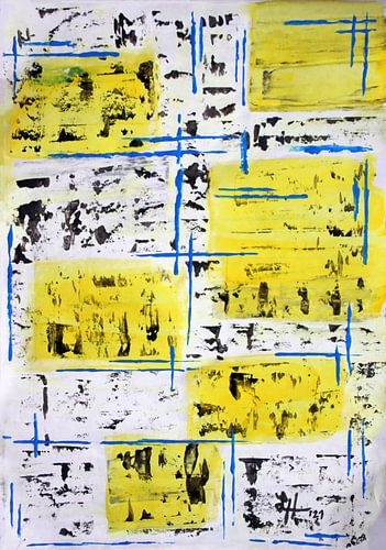 Blauw rasterwerk op zwarte en witte en gele vierkantjes