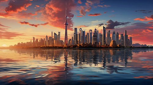 Skyline bij zonsondergang