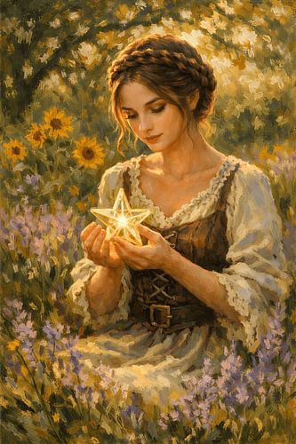 Peinture à l'huile impressionniste « La jeune fille des étoiles » : champ de tournesols