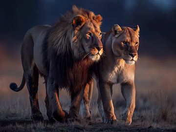 Lions roam the savannah at dusk by Luc V. de Zeeuw