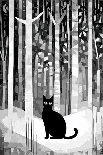Zwarte kat in zwart-wit bos