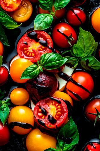 Kleurrijk tomatenassortiment met basilicum