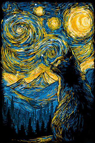Kat - Landschap - De sterrennacht D, in de stijl van Vincent van Gogh