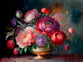 Klassiek Stilleven. Grote pioenrozen in gouden vaas