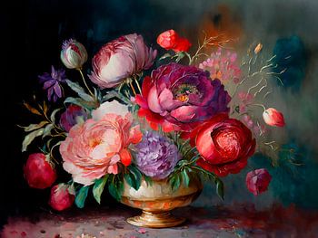 Klassiek Stilleven. Grote pioenrozen in gouden vaas