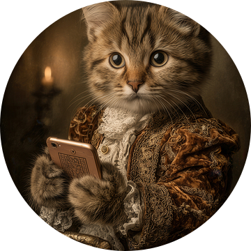 Kat met Smartphone bij Kaarslicht - Mysterieus Portret van Joriali Fine Art